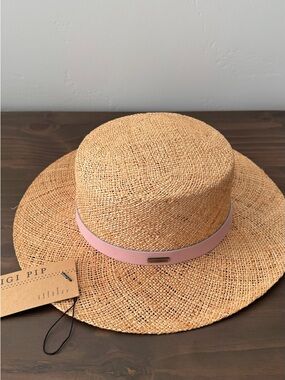 Woven Straw Sun Hat with Blush Leather Band.